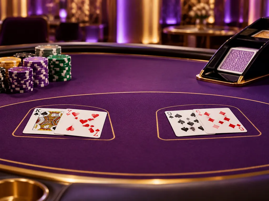 Dua pasang kartu dan chip di atas meja baccarat