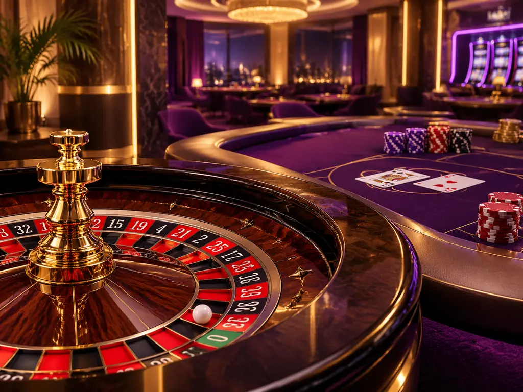 Meja roulette dan kartu di ruang kasino bernuansa ungu