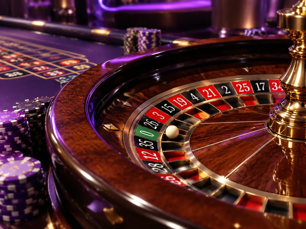 Roda roulette dan chip di atas meja kasino